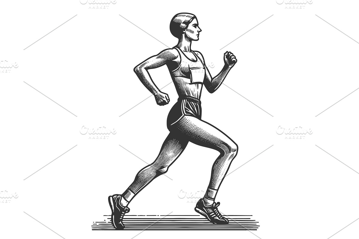 Female Runner in Motion engraving, a Sport Illustration by AlexArt