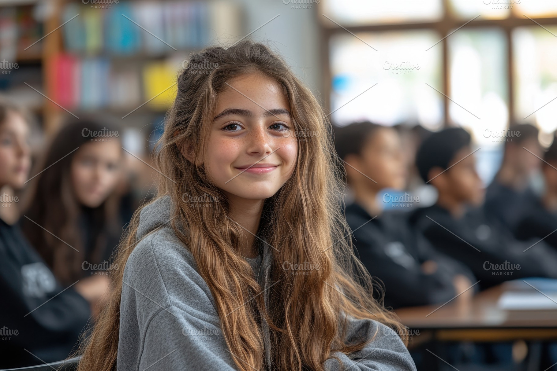 Girl smiling in classroom during les, a Photo by Tanuart