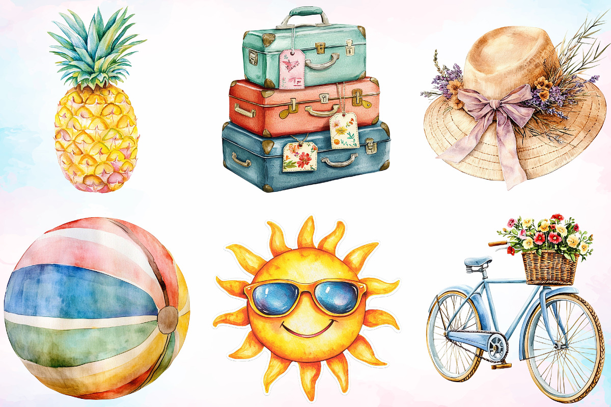 Watercolor Vintage Summer Clipart, an Illustration by Canvas Craft (Photo 3 of 4)