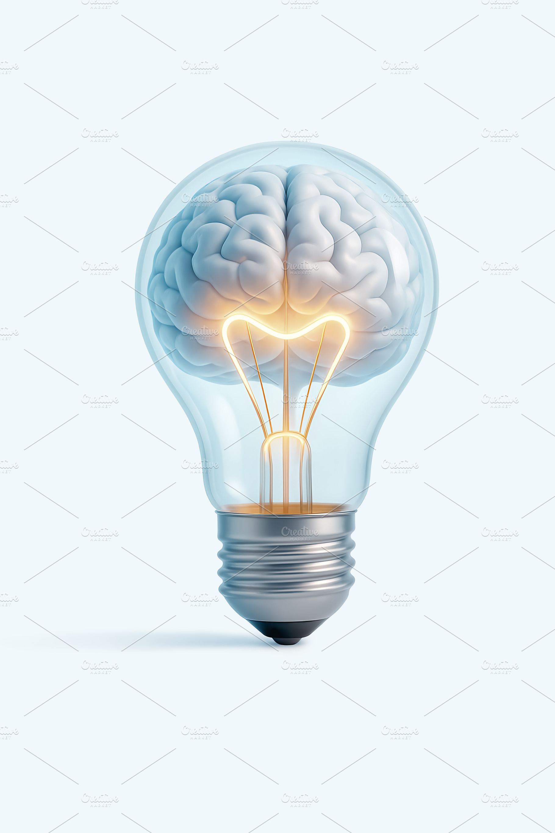 Brain inside a lit light bulb, a Photo by angellodeco