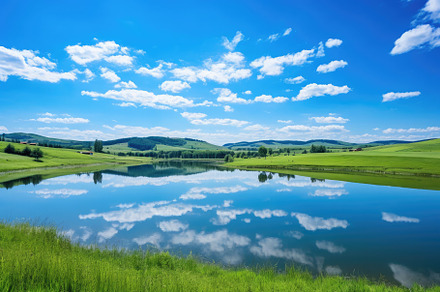 Landscape with a beautiful pond at t, a Photo by SaroStock
