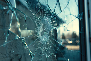 Broken shop glass window or door, store, office or house, a Photo by AlyaAnd