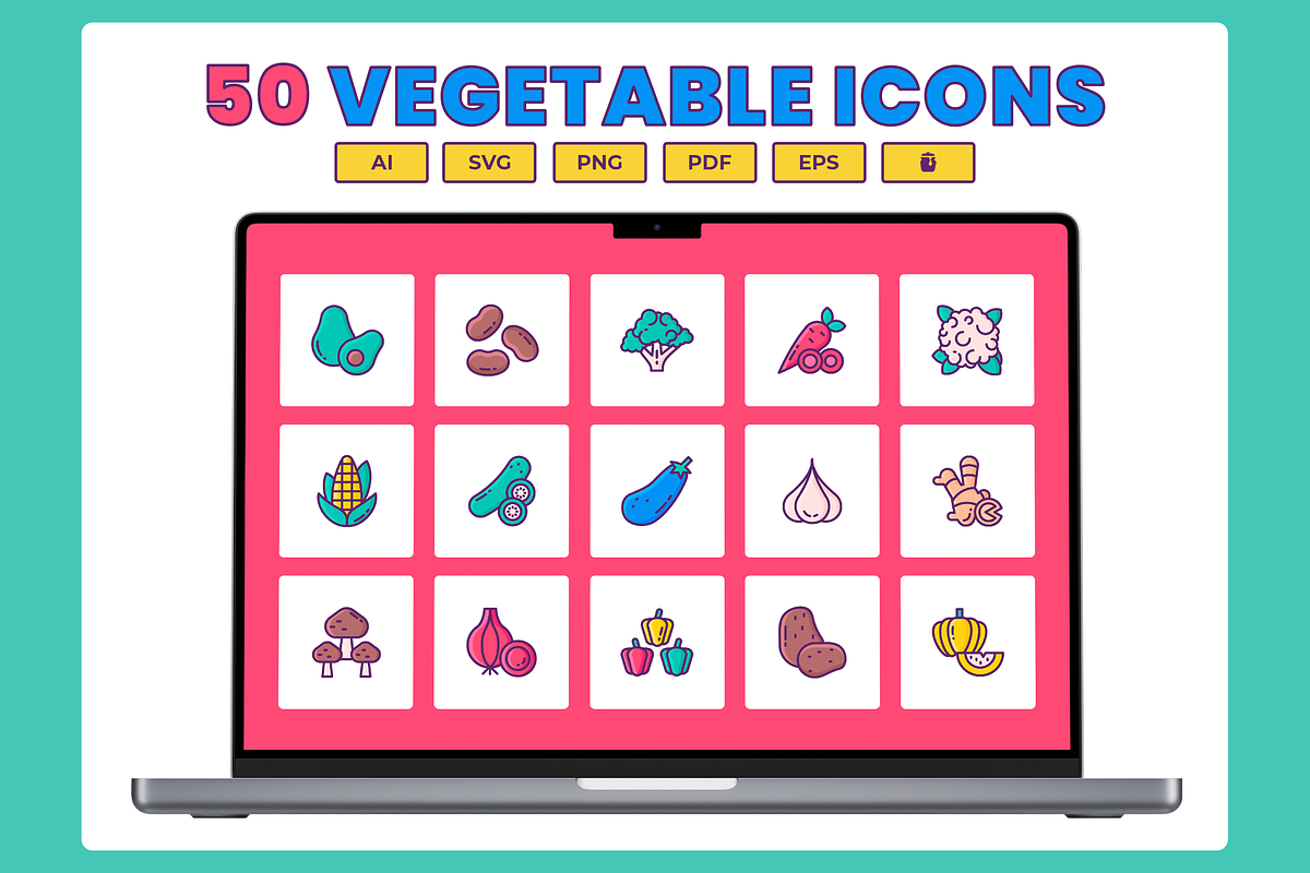 50 Vegetable Produce Icons, a Solid Icon by Flat Icons (Photo 1 of 7)