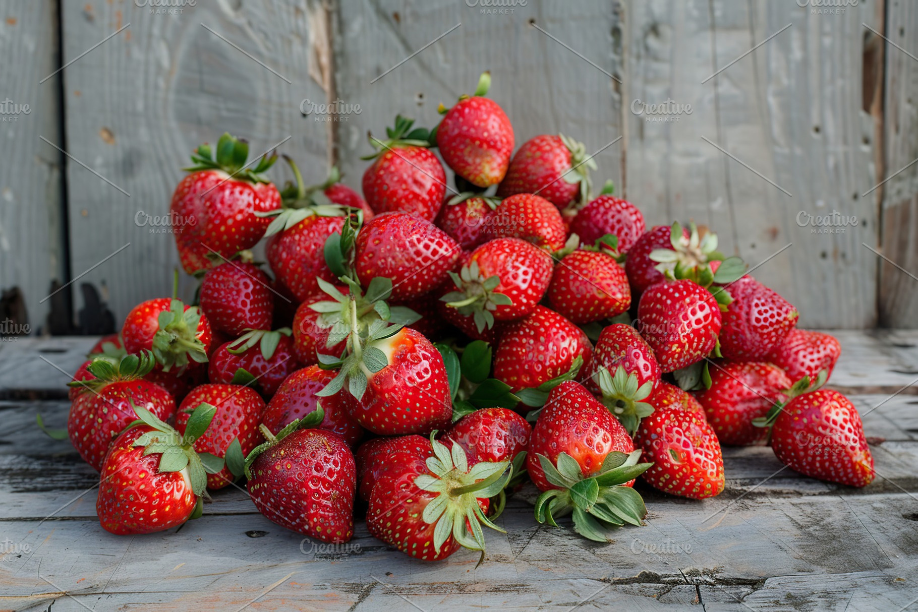 Red strawberries on wooden table, a Food & Drink Photo by AlyaAnd