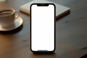 A smartphone iPhone mockup with a blank screen placed on a wooden table next to, an iPhone Mockup by Textures & Backgrounds
