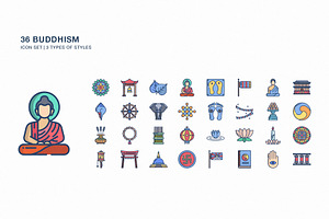 Buddhism religion icon set