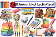 Watercolor School Supplies Clipart, an Illustration by Design Market (Thumbnail 1 of 3)