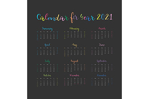 Vector Calendar For 2021 Year.