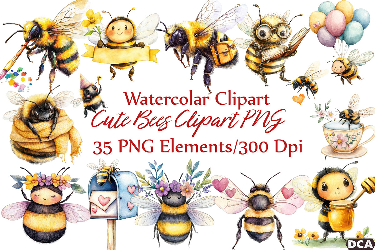 Cute Bees Clipart PNG, an Illustration by DreamCafeArt (Photo 1 of 7)