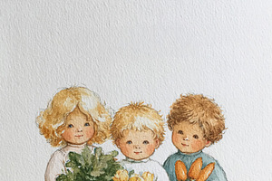 Three young children holding fresh picked garden produce and flowers, depicting, an Illustration by Studio ANNA