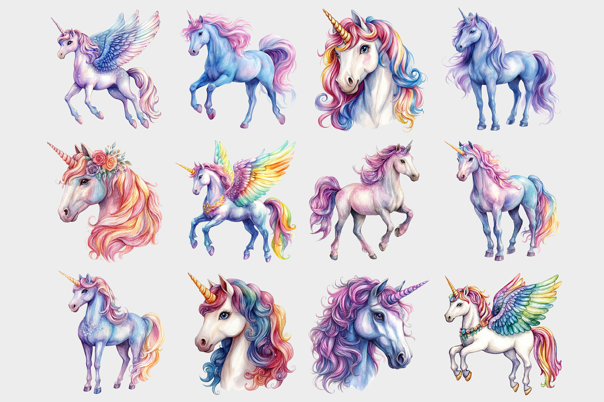 Watercolor Rainbow Unicorn Clipart, a Seasonal Illustration by Design Market (Photo 2 of 5)