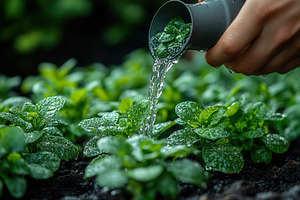Watering fresh mint plants in a lush, a Photo by Tanuart
