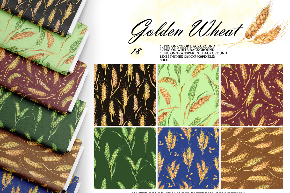 Watercolor Wheat Seamless Patterns, an Illustration by OlDm_Shop (Photo 1 of 10)