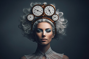 Portrait of beautiful young woman with retro hairstyle and clock, a Business Photo by AS photostudio