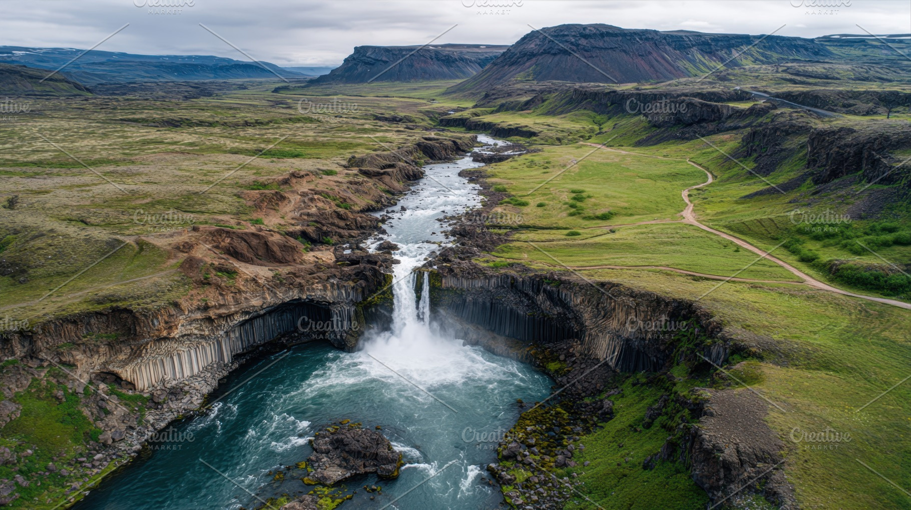 Waterfall flows through valley, a Photo by Beautiful things