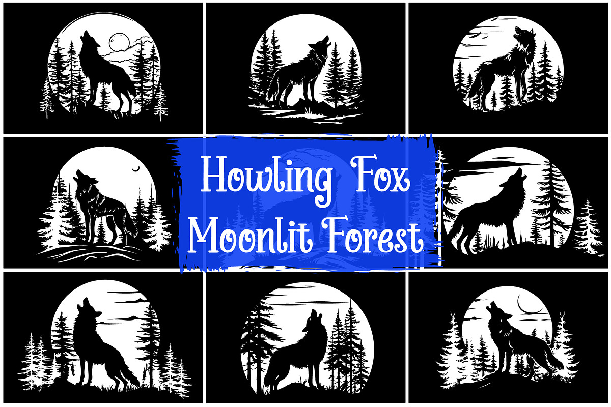 Forest Fox Howling Moon Scene, an Illustration by balal