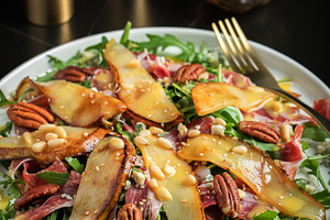 Salad with Pear, Arugula, Jamon, Blue Cheese and Blueberry, Delicious Fresh Sal, a Food & Drink Photo by Budarinphoto
