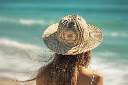 Woman walks along the beach on a sunny summer day enjoying the ocean breeze, a Person Photo by AlyaAnd