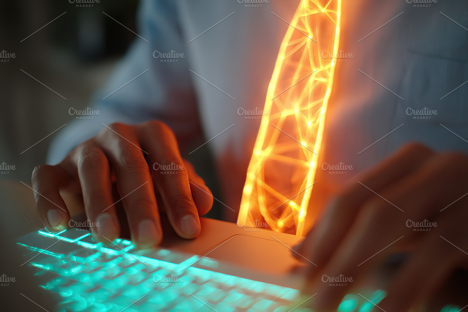 Individual wearing glowing neon tie while typing on a laptop during nighttime c, a Photo by AlyaAnd