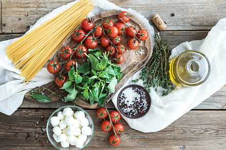 Ingredients for cooking pasta stock photo containing basil and spaghetti, a Food & Drink Photo by Foxys