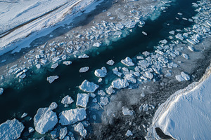Large chunks of ice drift in a river, a Photo by Pavel_design