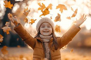 Happy child girl throw up the autumn leaves in the park, a Person Photo by AlyaAnd
