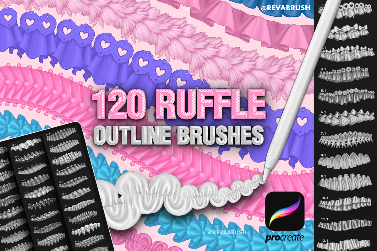 120 Procreate Lace Ruffle brushes, a Brush Add-On by Revabrush (Photo 1 of 6)