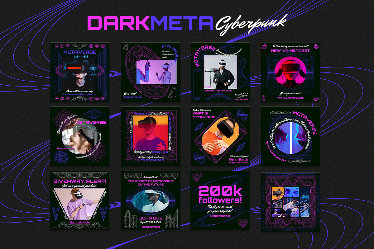 Dark Meta Cyberpunk Instagram Set, a Social Media Template by Aiyari Graphic (Photo 2 of 4)