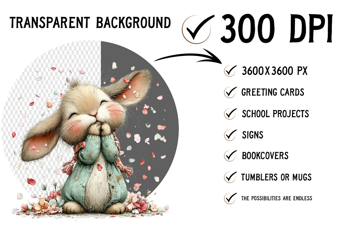 Bunny and Flowers Clipart PNG, an Illustration by Craft Nest (Photo 2 of 12)