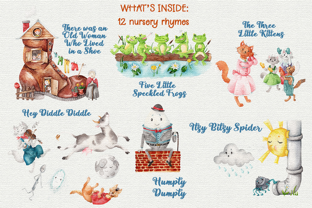 Nursery rhymes watercolor clipart, an Object Graphic by Trinibis