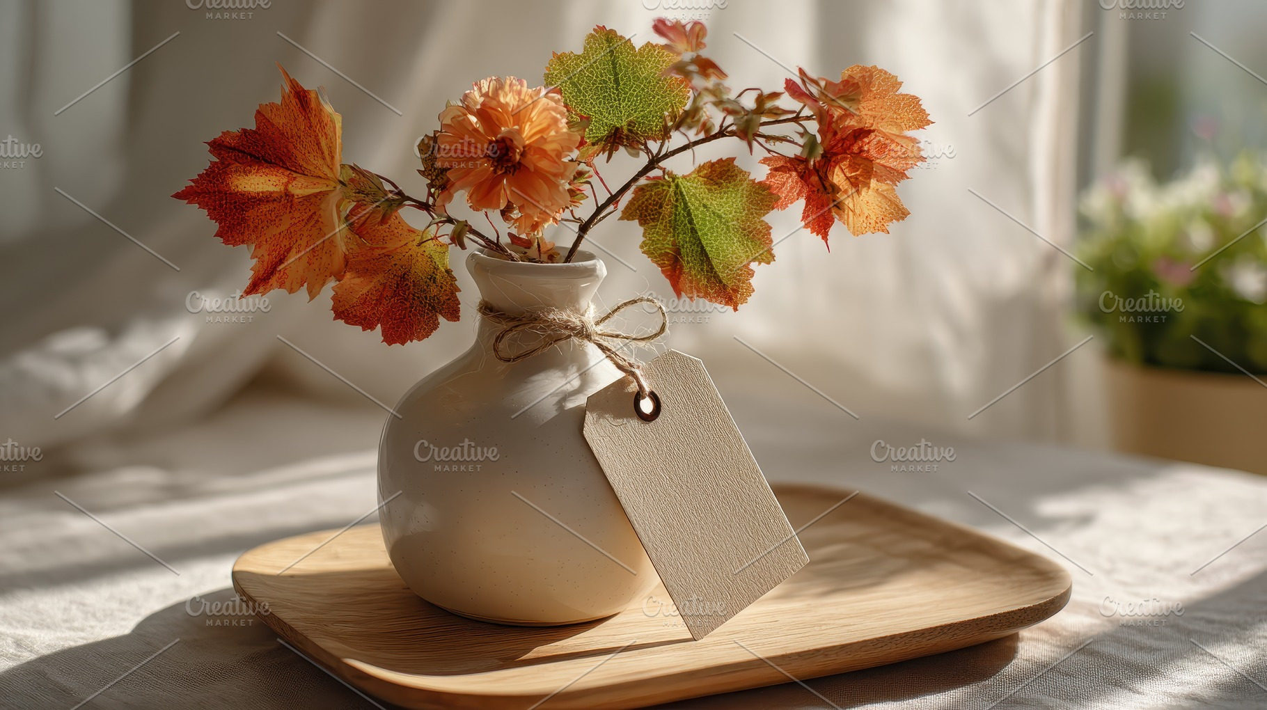 Autumnal flowers in vase with blank, a Photo by Pixeness Studio