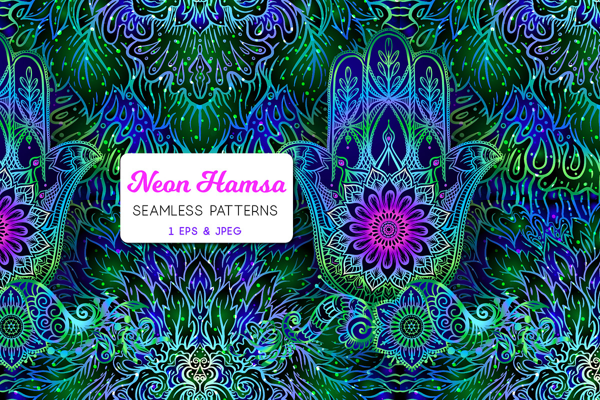 Neon Hamsa Seamless Pattern, a Pattern Graphic by Elen-Lane (Photo 1 of 2)