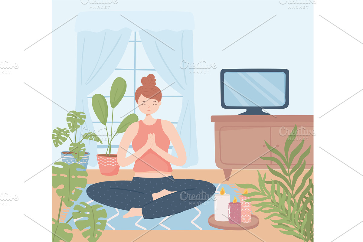 woman yoga relaxing in home, an Object Illustration by studiogstock
