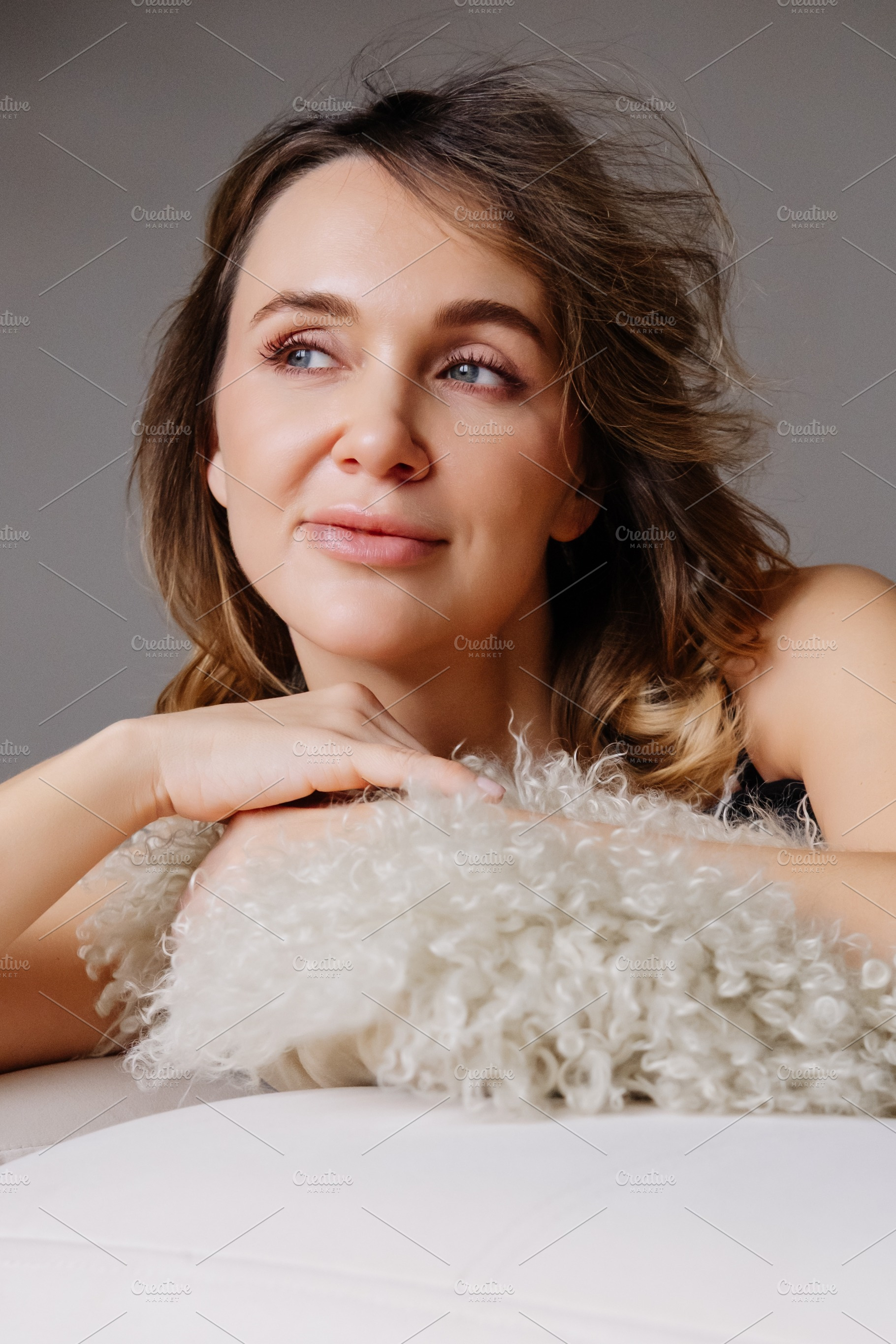 Female portrait pensive face carefree woman cozy, a Person Photo by Photo Drive Studio