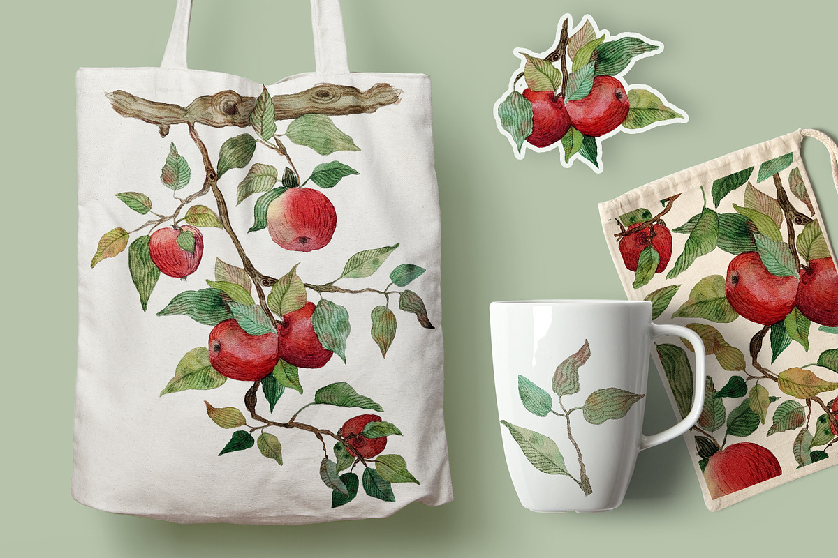 Watercolor red apple brunch clipart, an Illustration by Dina Guiter (Photo 8 of 12)