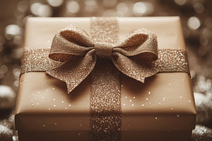 Beautifully wrapped gift box with gl, a Photo by Tanuart