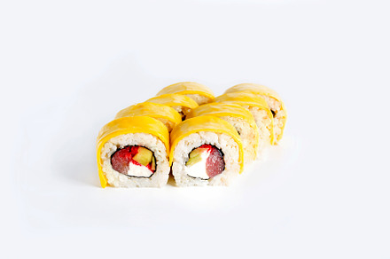 japanese sushi rolls in cheddar cheese on white background, a Food & Drink Photo by vimart