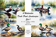 Watercolor Duck Pond Set 1, an Animal Illustration by Kat's Artful Creations (Thumbnail 1 of 9)