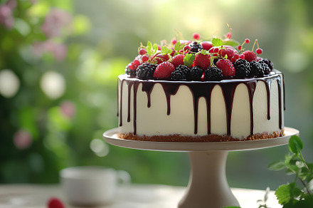 Delicious cake with frosting cream and ripe berries, a Food & Drink Photo by AlyaAnd