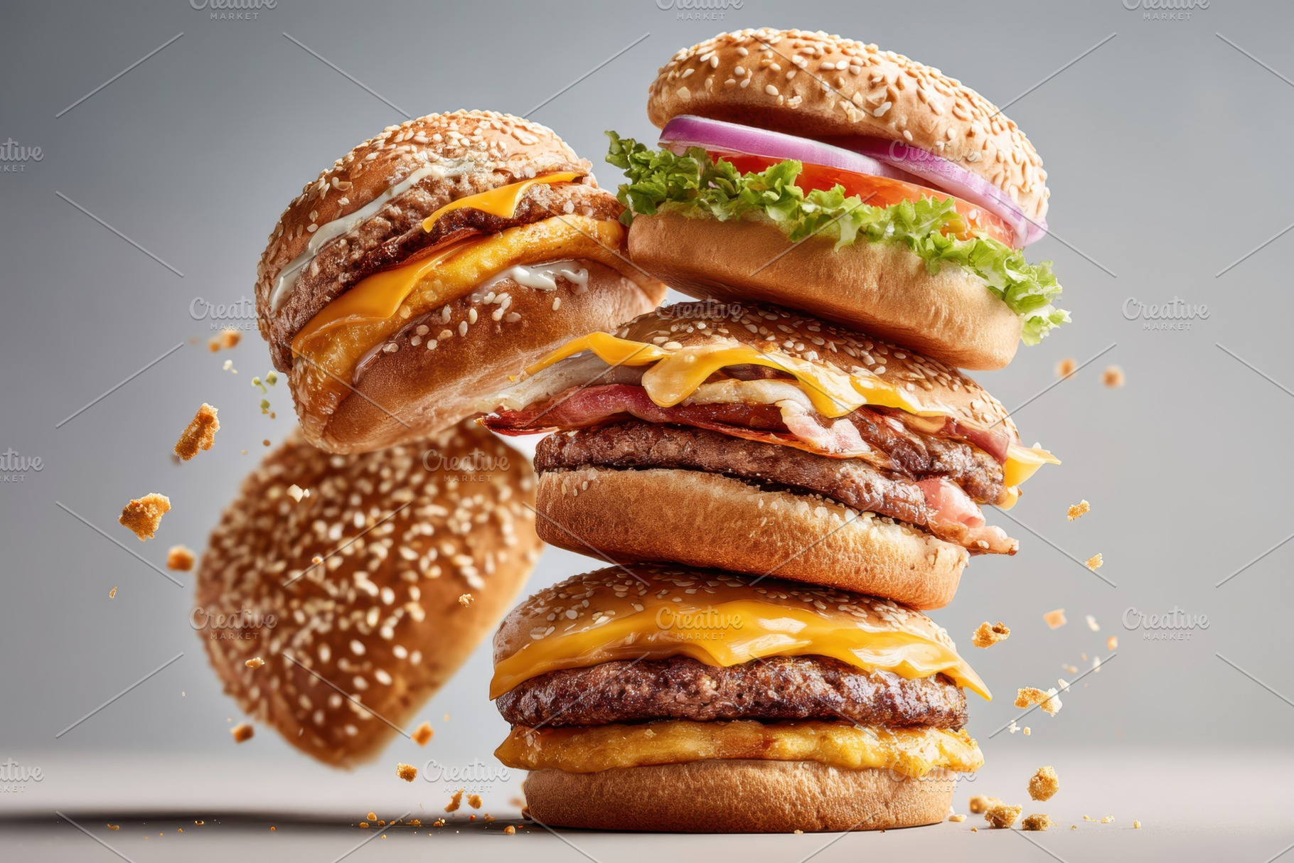 Stacked cheeseburgers with melting cheese, a Food & Drink Photo by AlyaAnd