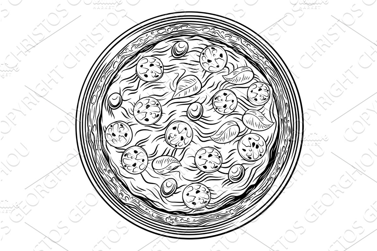Vintage Woodcut Pizza Illustration, a Food Illustration by Christos Georghiou