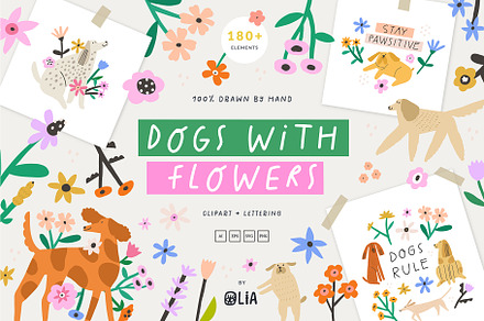 Dogs with flowers | 100% Hand drawn, an Animal Illustration by Olia