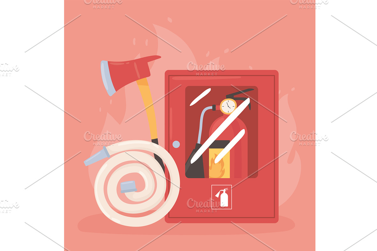 fire extinguisher hose and axe, an Object Illustration by studiogstock