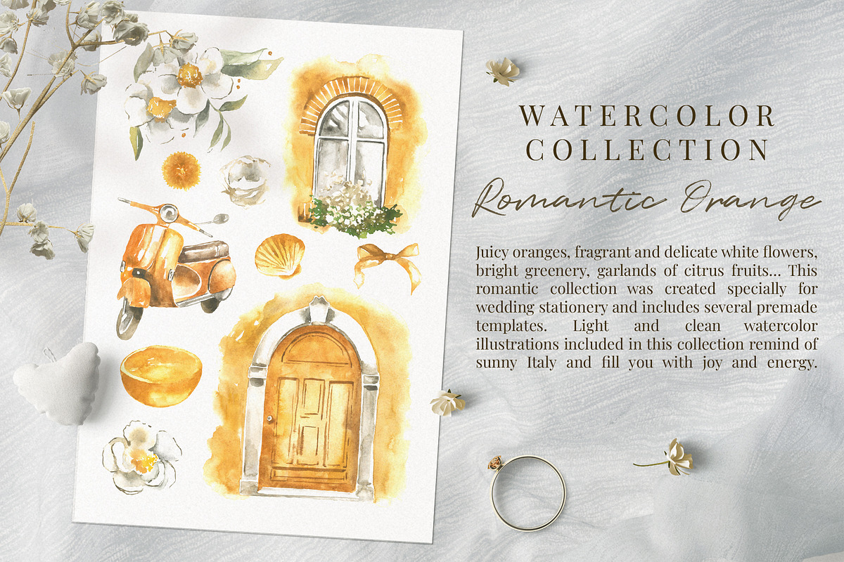 Romantic Orange Watercolor Set, a Decorative Illustration by foxsong (Photo 2 of 12)