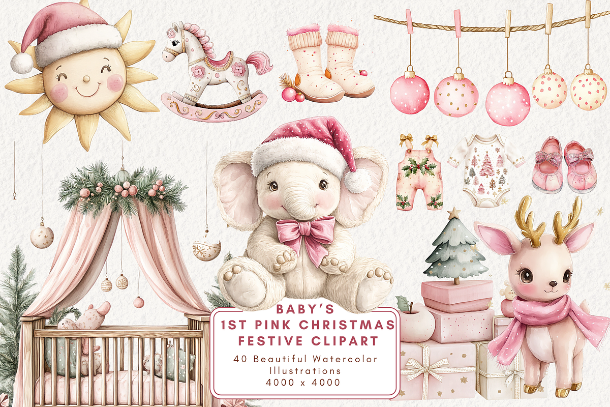 Baby’s 1st Pink Christmas Clipart, an Illustration by NadiaTheronArt (Photo 1 of 4)