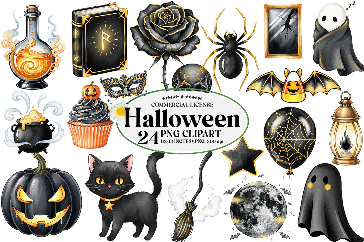 Creepy Black and Gold Halloween png, an Illustration by Watercolor design