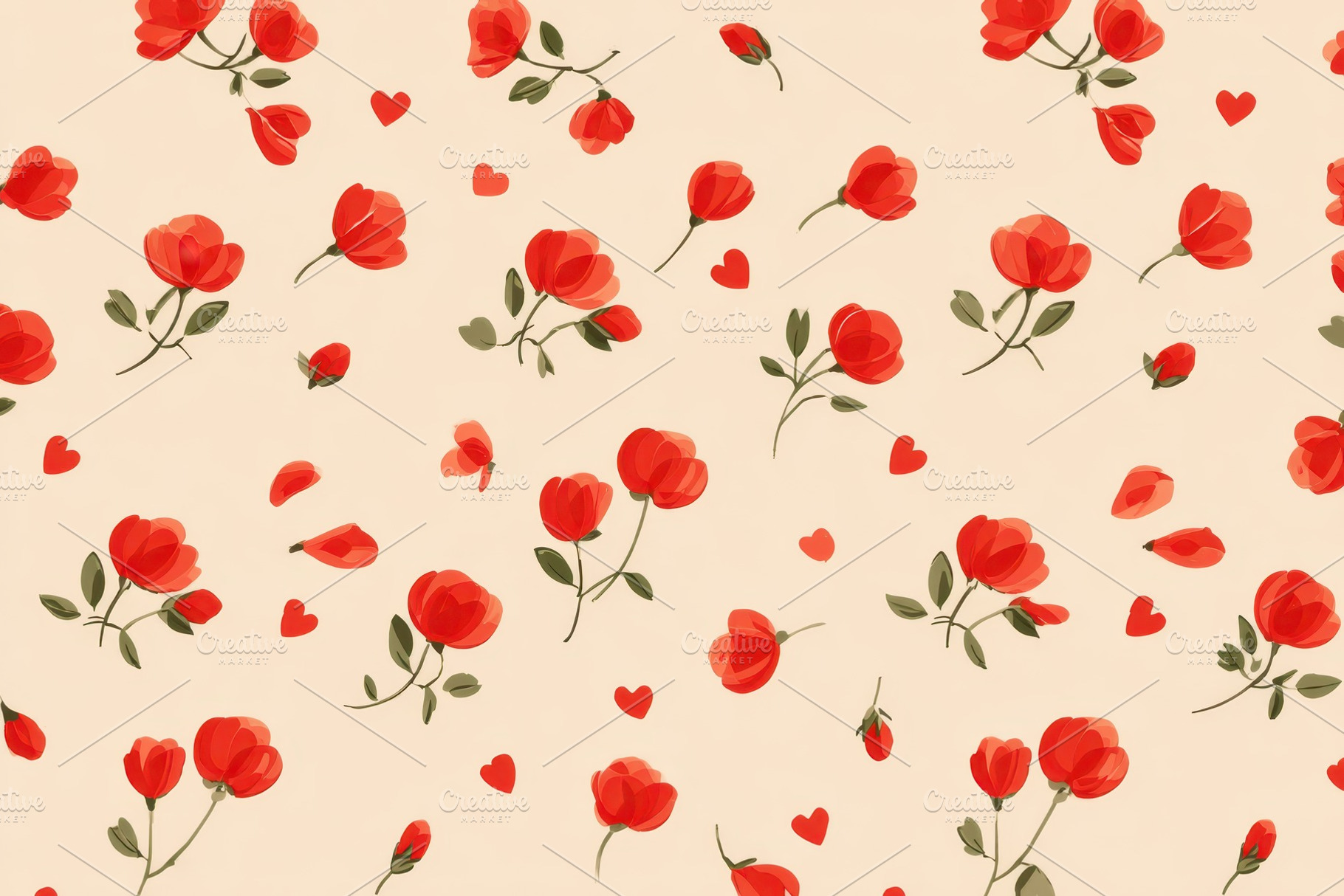 Floral pattern with hearts on beige background, an Abstract Photo by AlyaAnd