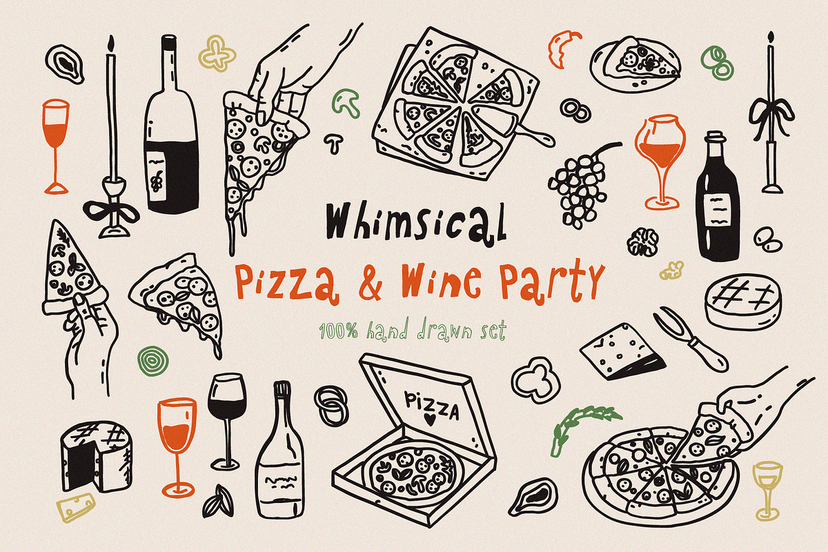 Whimsical Pizza & Wine Party set, a Food Illustration by Madiwaso (Photo 1 of 11)