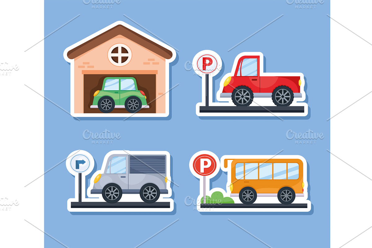 parking four cars icons, an Object Illustration by studiogstock