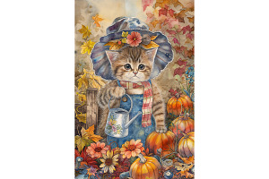 Cat with Blue Bonnet Fall Décor Art, an Animal Illustration by Art Paradise Studios
